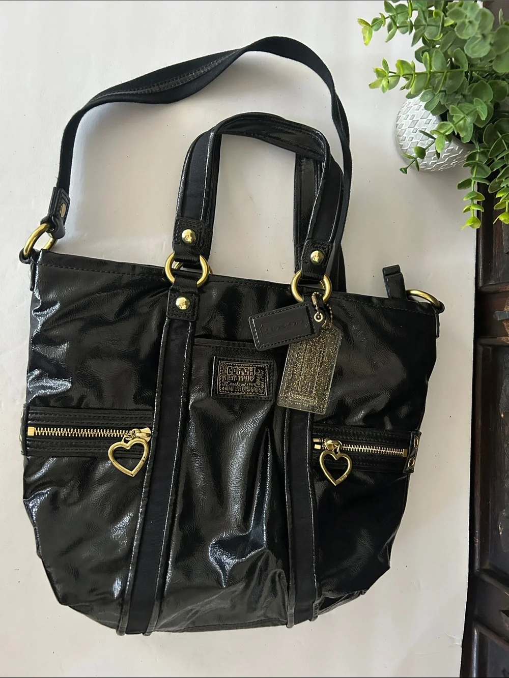 Coach Black Patent Leather Shoulder Tote with Heart Zip Pulls